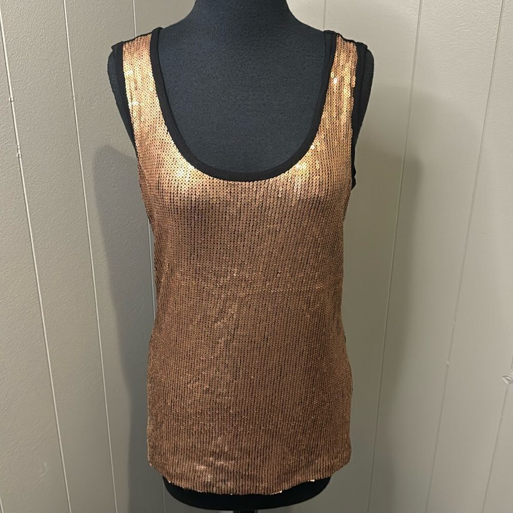 Calvin Klein rose gold sequin front black jersey stretch knit tank. Lined front.